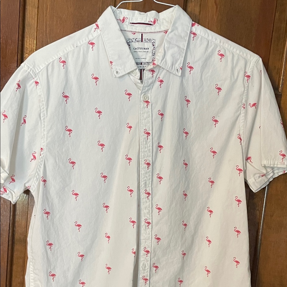 Cactus Bay Men's White Shirt with Pink Flamingo Print
